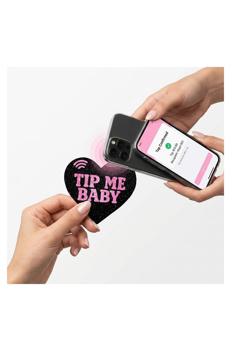 NFC pastie held against a phone, tip confirmation showing on screen