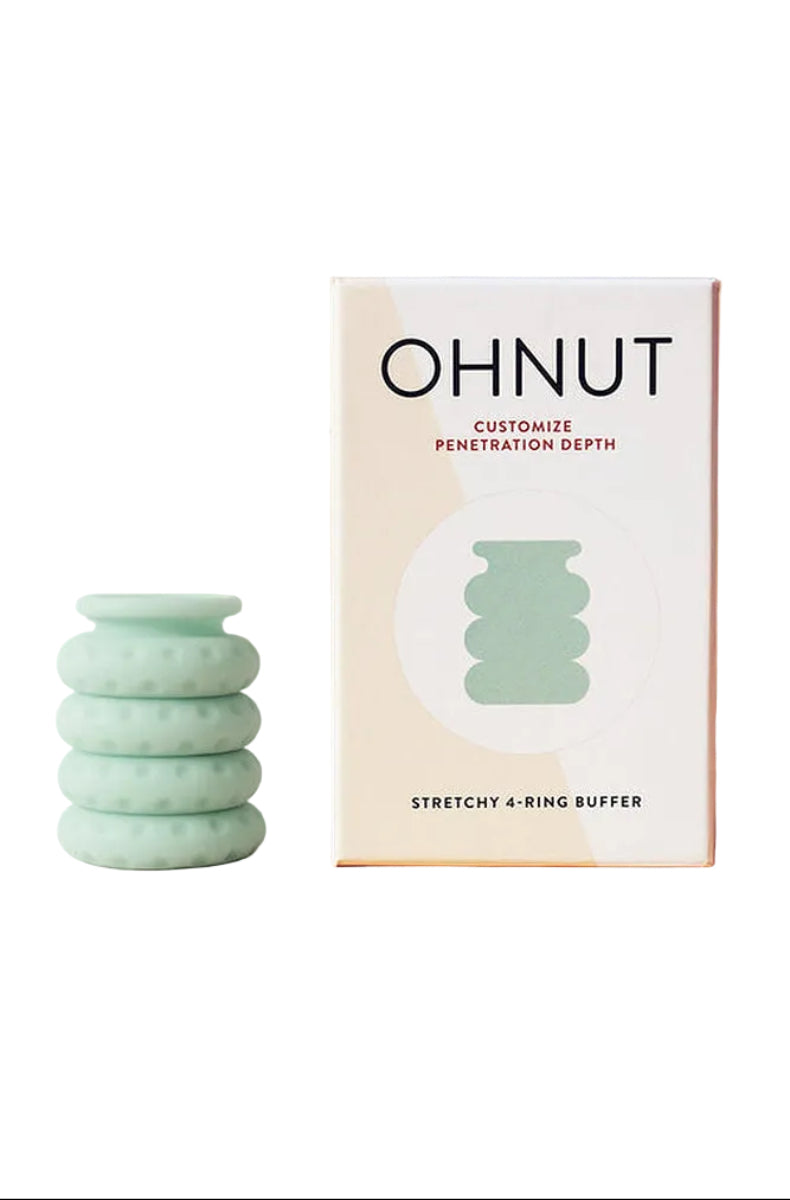Ohnut retail box beside a stack of four jade rings, marked customize penetration depth.