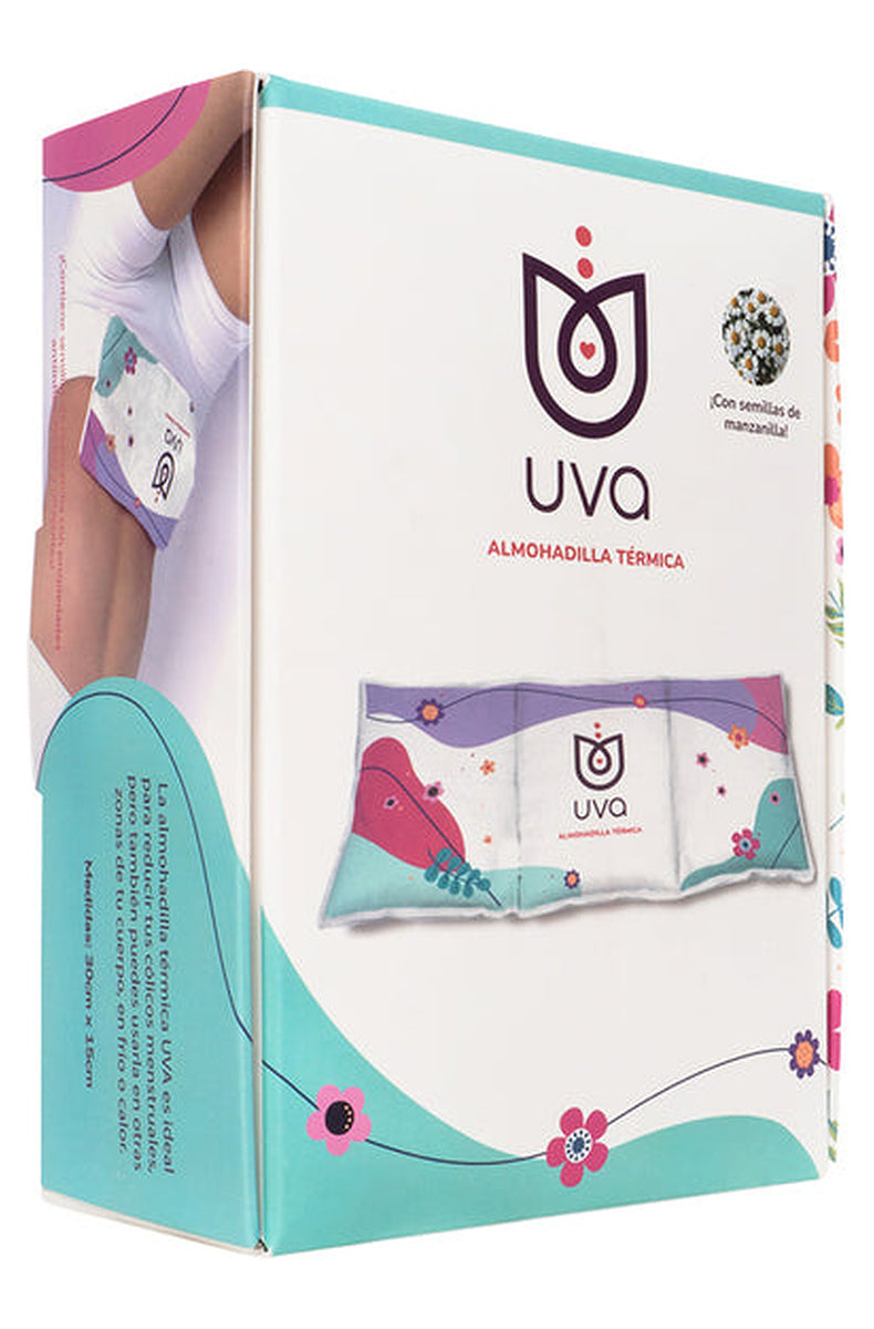UVA Warming Pad box showing the pad worn at the waist and its 30 by 15 cm measurements.