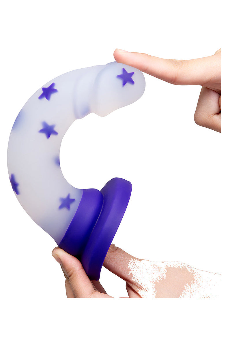 Clear purple star silicone dildo bent in two hands to show how flexible it is