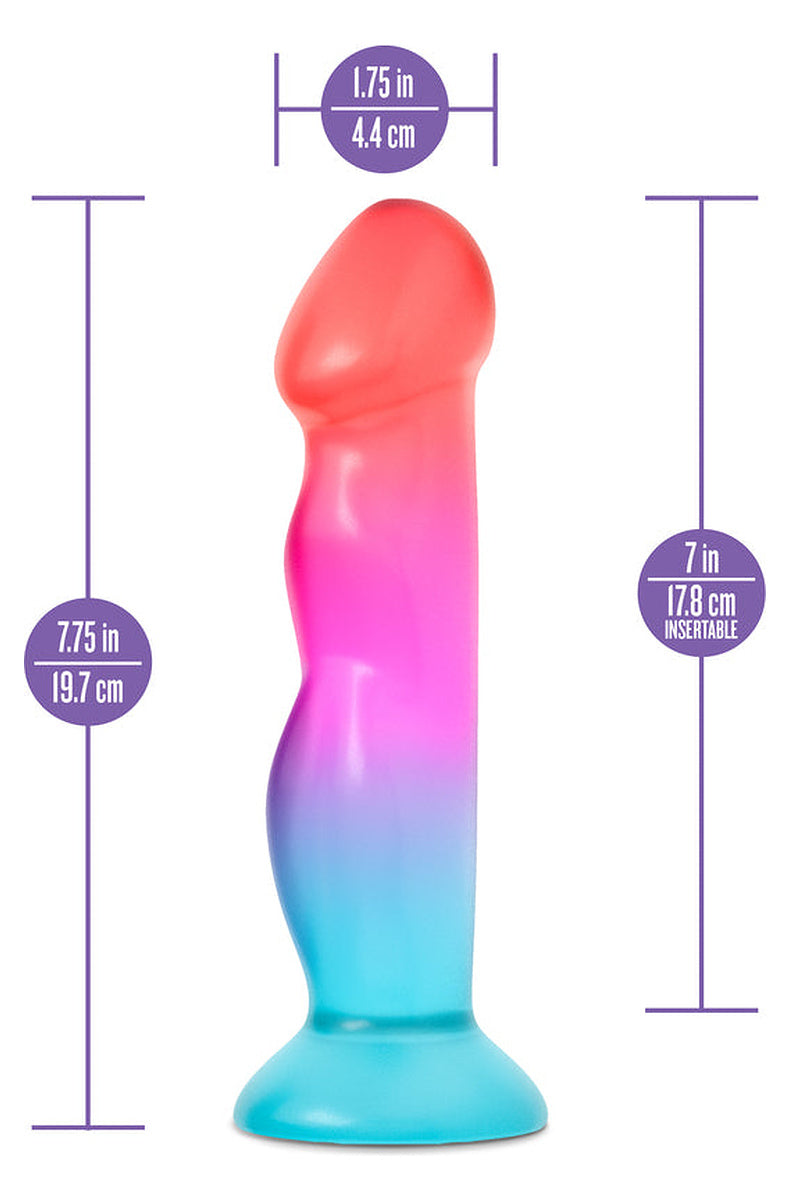 Coral to aqua dildo size: 7.75 in total, 7 in insertable, 1.75 in wide