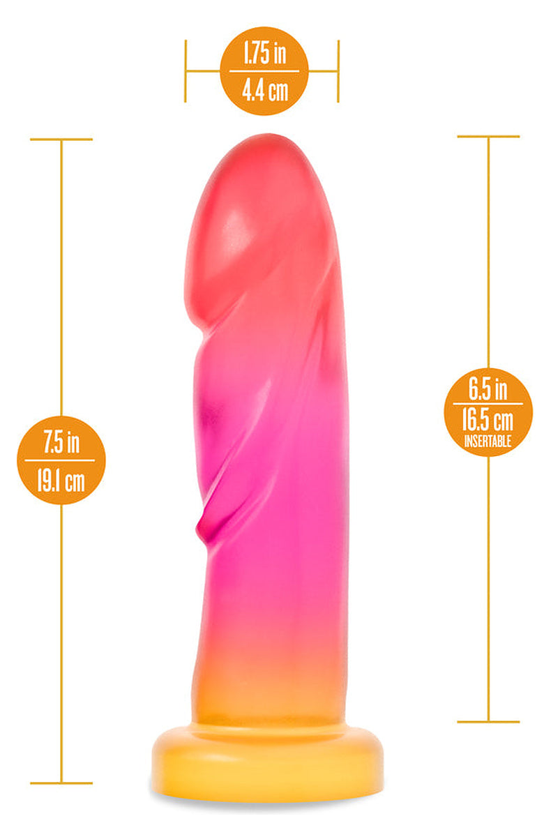 Pink and gold dildo size: 7.5 in total, 6.5 in insertable, 1.75 in wide