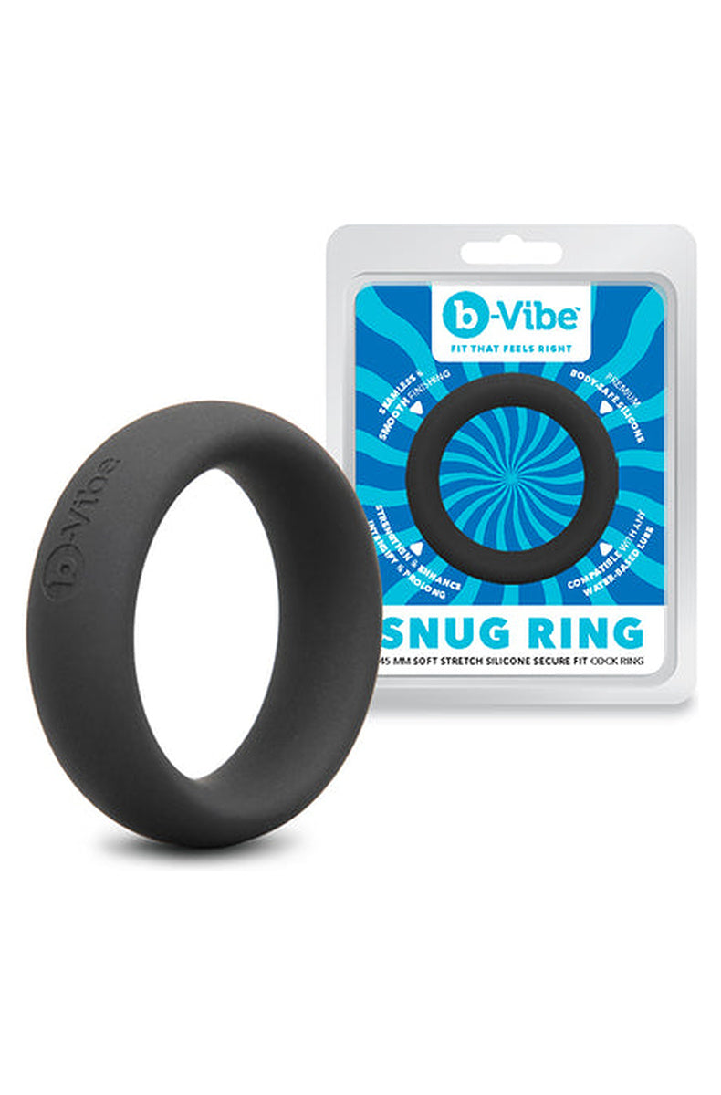 b-Vibe Snug Ring beside its blue retail package marked 45 mm soft stretch silicone secure fit cock ring