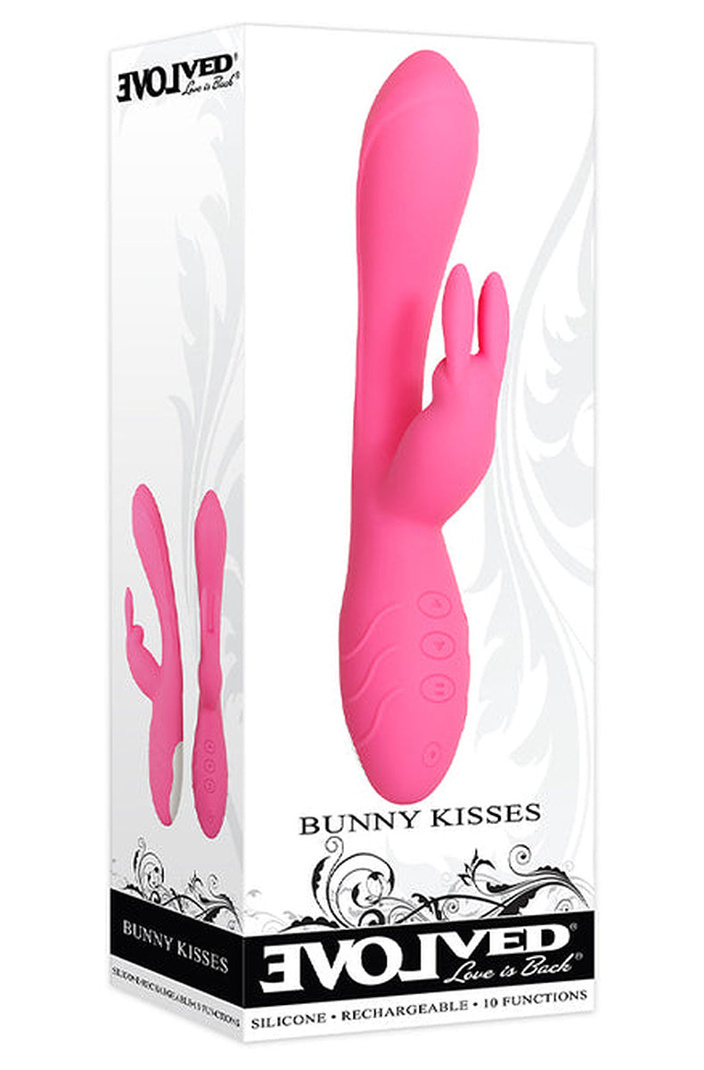 Evolved Bunny Kisses retail box, pink silicone rabbit vibrator, marked silicone, rechargeable, 10 functions.