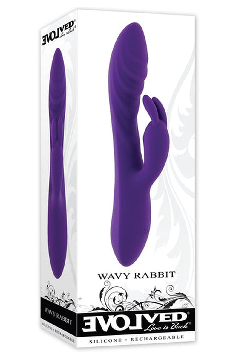 Evolved Wavy Rabbit retail box, purple silicone rabbit vibrator, marked silicone and rechargeable.