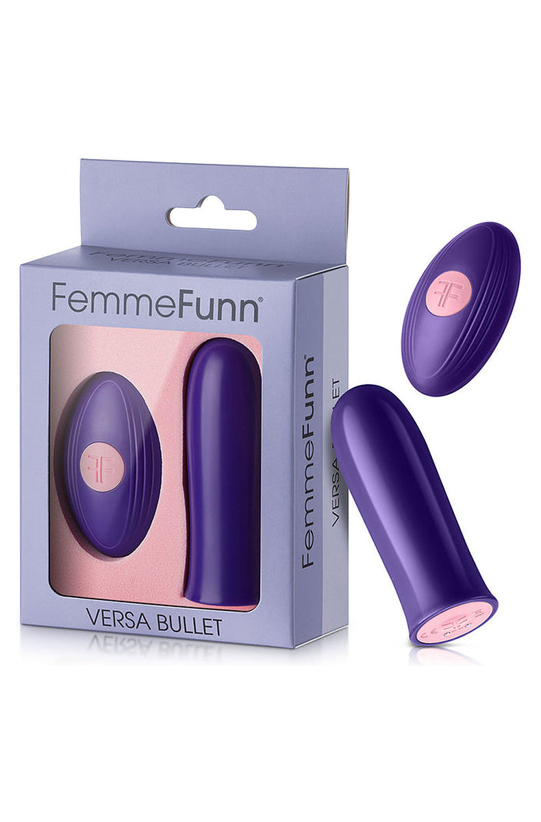 FemmeFunn Versa Bullet dark purple retail box, showing the bullet and the wireless remote in the window.