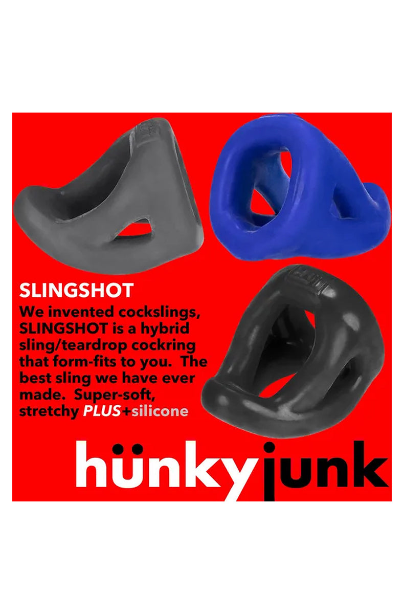 Hunkyjunk Slingshot brand card showing the teardrop cock sling in three colorways on red