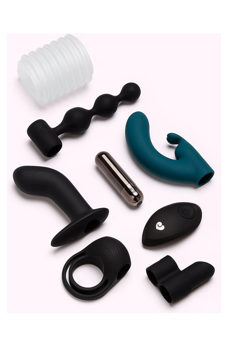 Bullet vibrator with remote and its stroker, beads, rabbit, prostate, cock ring and finger sleeves