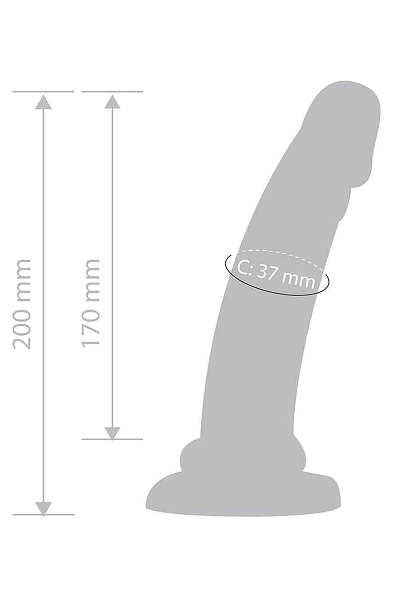 Pink heart dildo size diagram showing total length, insertable length and diameter