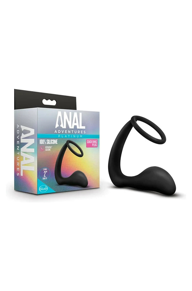 Anal Adventures Platinum cock ring plug beside its box, marked 100 percent silicone and 2 inch C-ring diameter