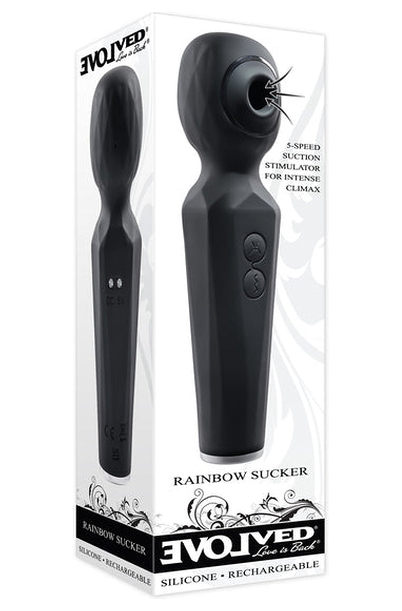 Evolved Rainbow Sucker retail box, black silicone suction wand vibrator, marked silicone and rechargeable.