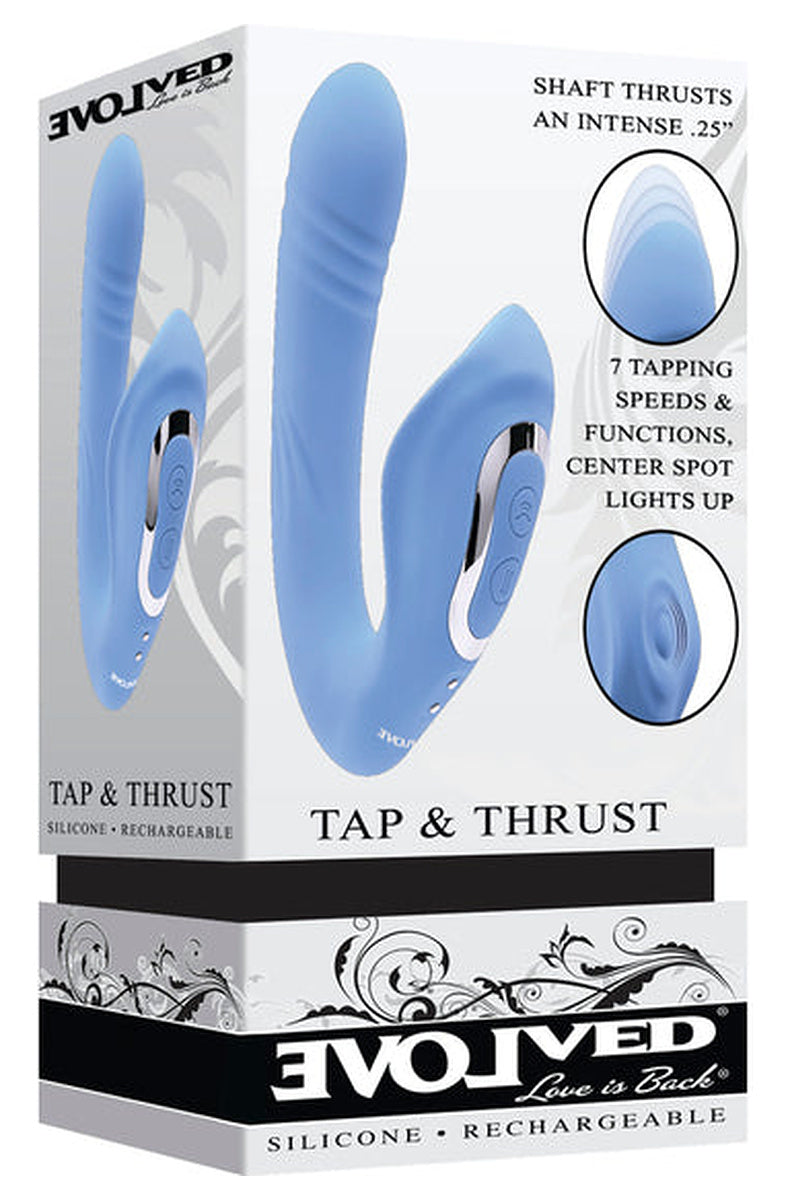 Evolved Tap and Thrust retail box, blue silicone dual stimulator, marked silicone and rechargeable.