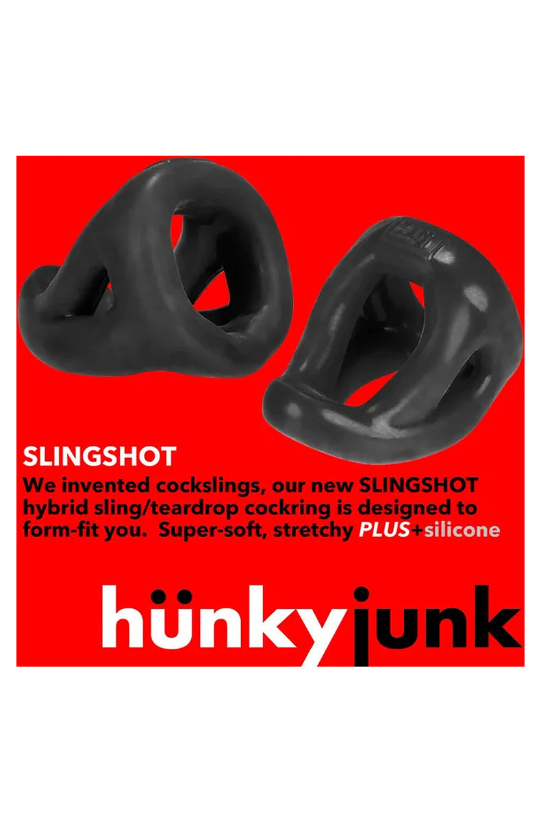 Hunkyjunk Slingshot brand card with two tar black slings shown from both sides on red