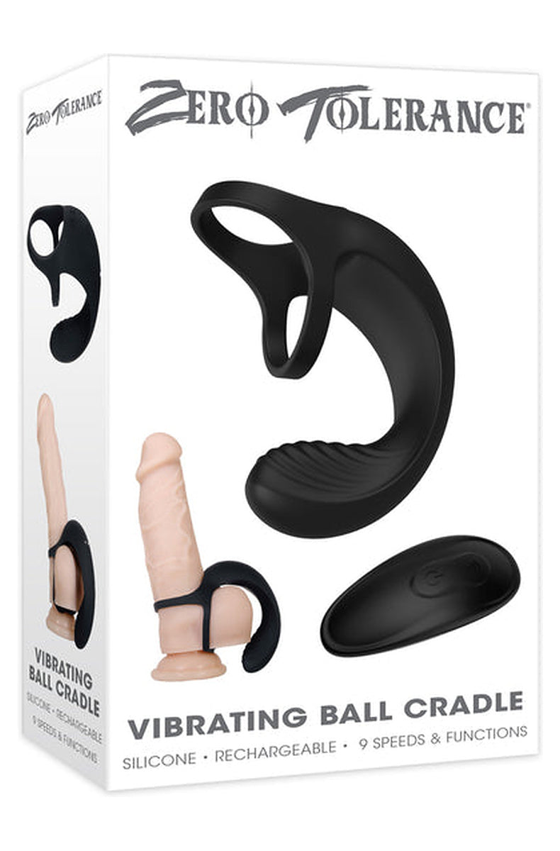 Zero Tolerance Vibrating Ball Cradle box, marked silicone, rechargeable and 9 speeds and functions, with the ring shown fitted on a model