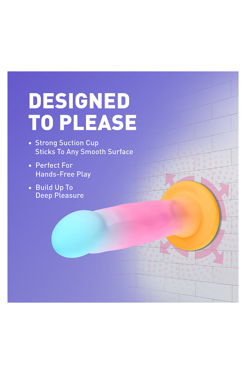 Aqua, pink and gold ombre dildo on its suction cup: sticks to any smooth surface for hands-free play