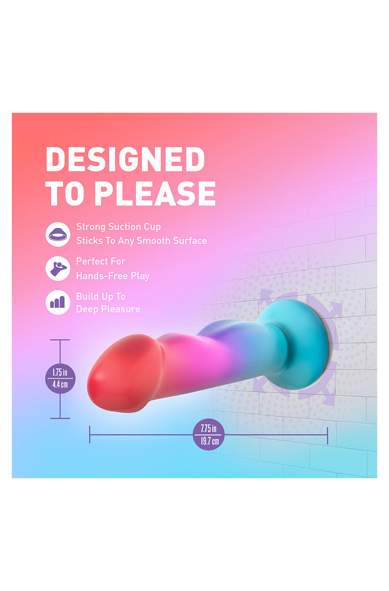 Coral, pink and aqua ombre dildo on its suction cup: sticks to any smooth surface for hands-free play