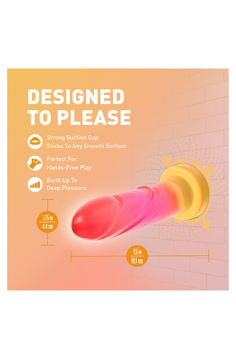 Pink and gold ombre dildo on its suction cup: sticks to any smooth surface for hands-free play