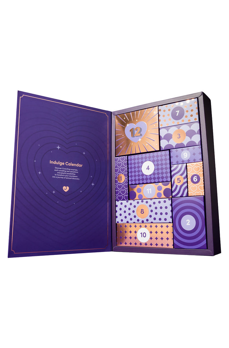 Open 12 day advent calendar showing the numbered purple and gold doors