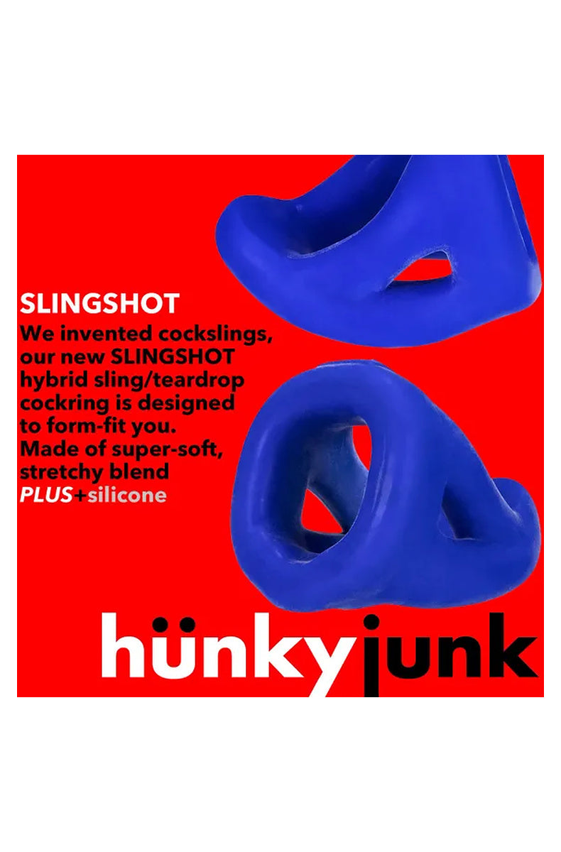 Hunkyjunk Slingshot brand card showing the blue colorway from two angles on red