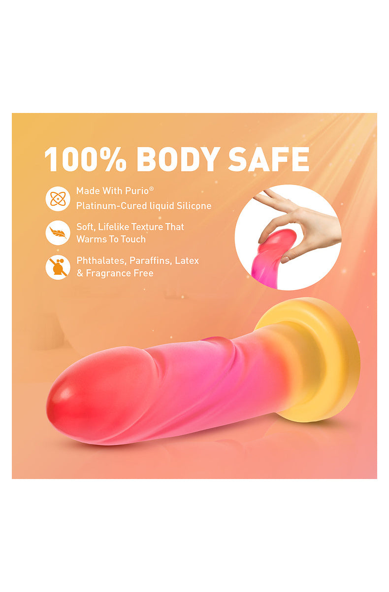 Hand bending the pink and gold dildo: Purio platinum-cured silicone, phthalate, paraffin, latex and fragrance free