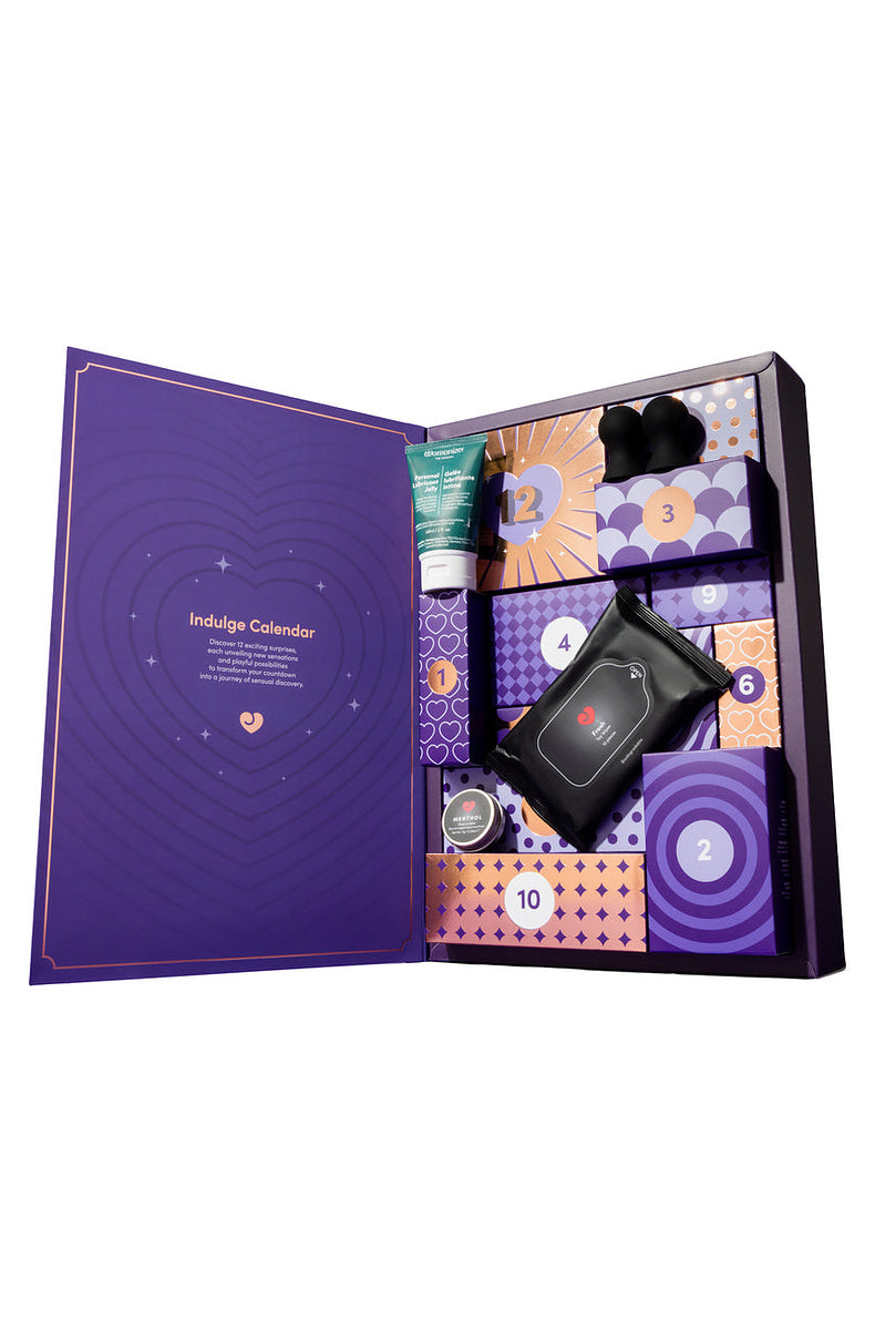 Open 12 day advent calendar with lube, toy wipes and nipple suckers in the doors