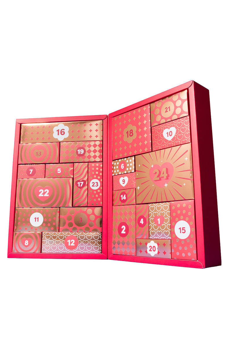 Open 24 day couples advent calendar showing the numbered red and gold doors