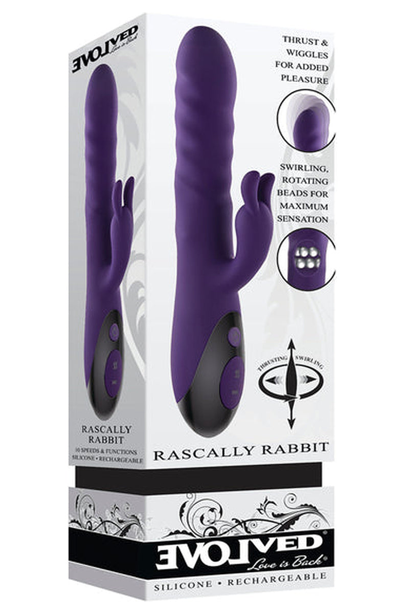 Evolved Rascally Rabbit retail box, purple thrusting rabbit vibrator, marked silicone, rechargeable, 10 functions.