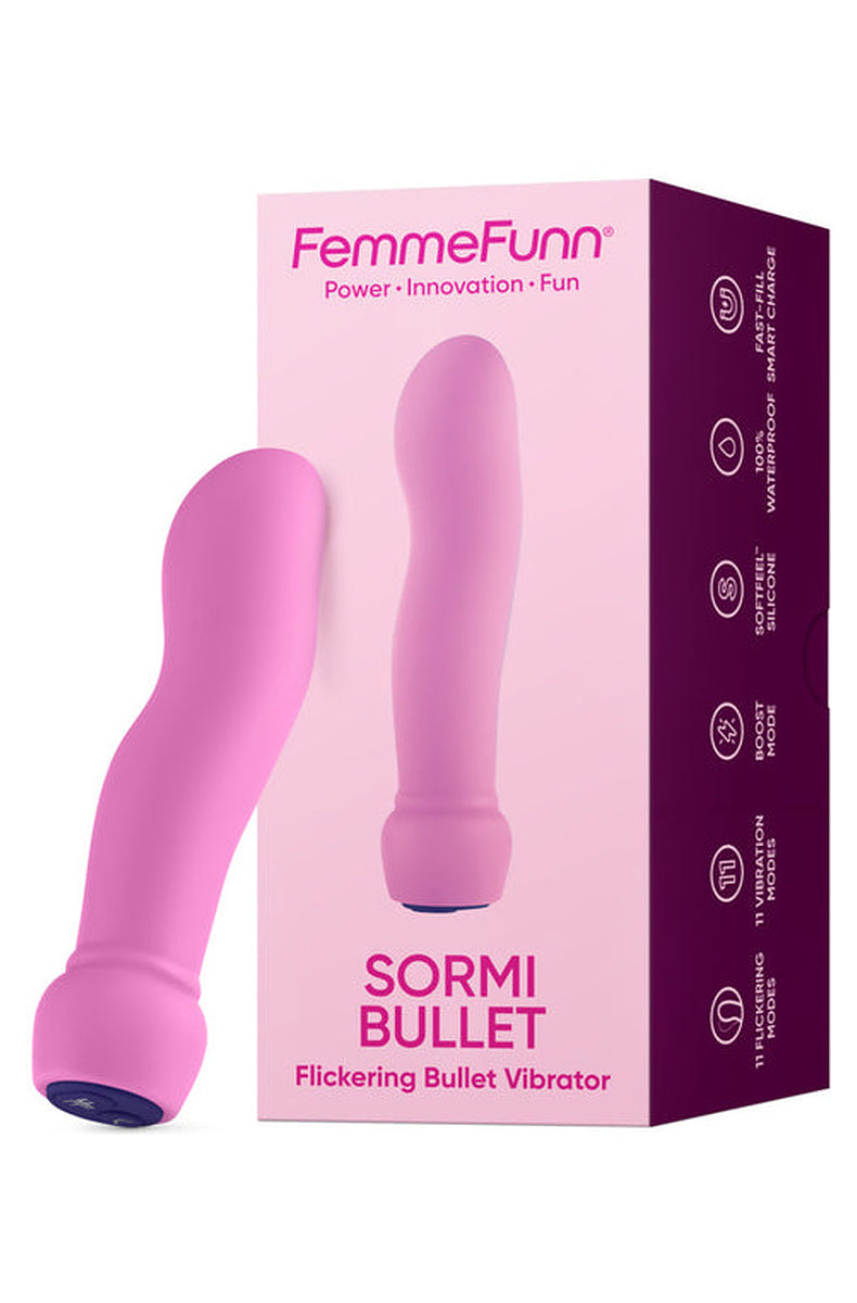 FemmeFunn Sormi Bullet pink retail box shown beside the pink vibrator.