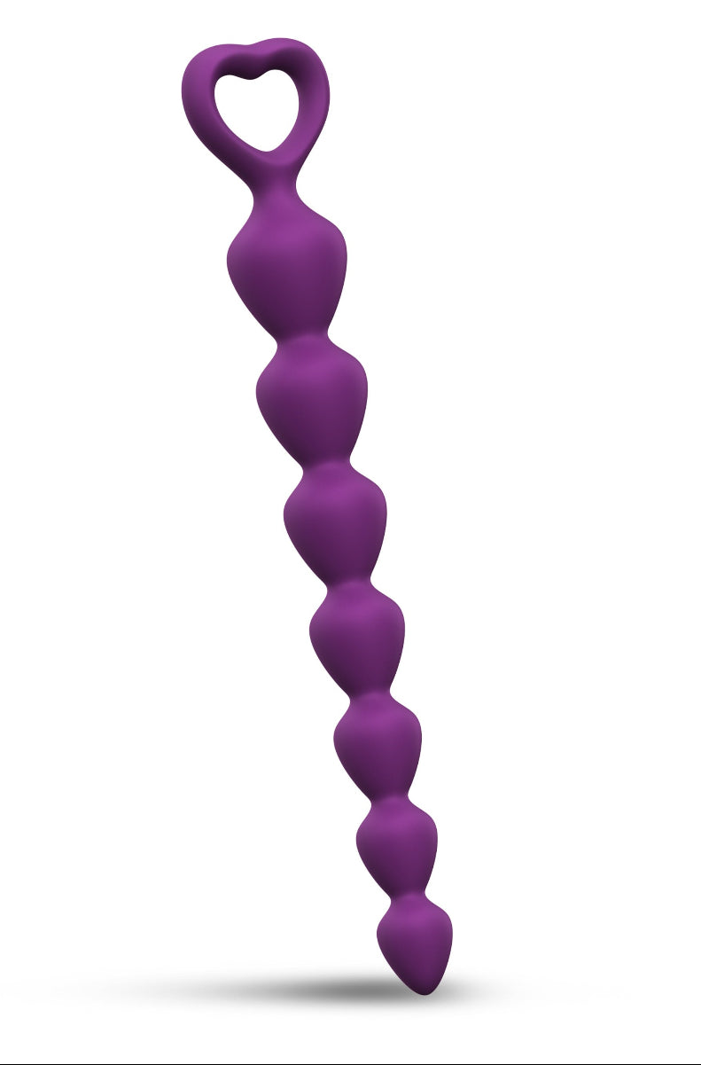 Front view of violet silicone anal beads with seven graduated beads and a heart-shaped loop handle on a white background