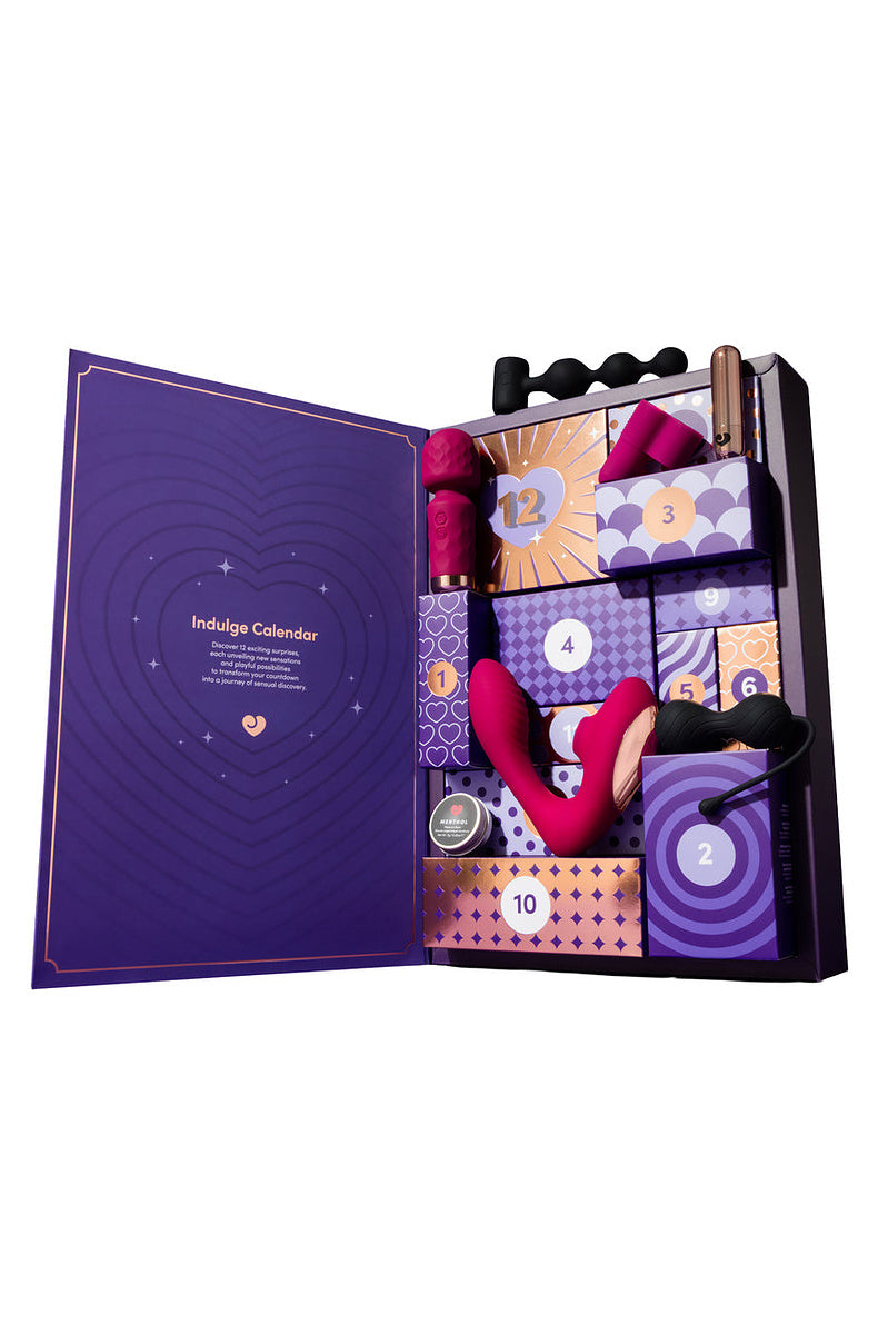Open 12 day advent calendar with the dual stimulator, mini wand, bullet and plug in the doors