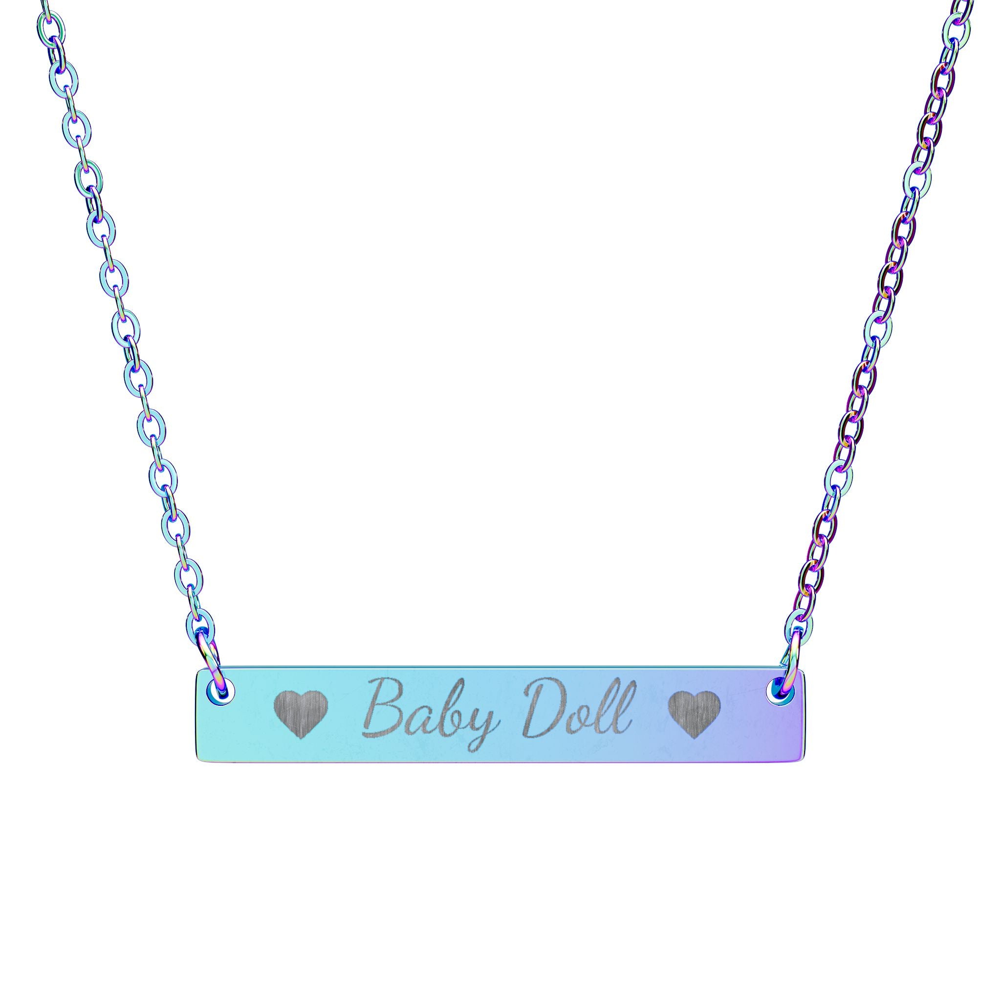 Necklace with a bar pendant labeled 'baby doll' on a white background