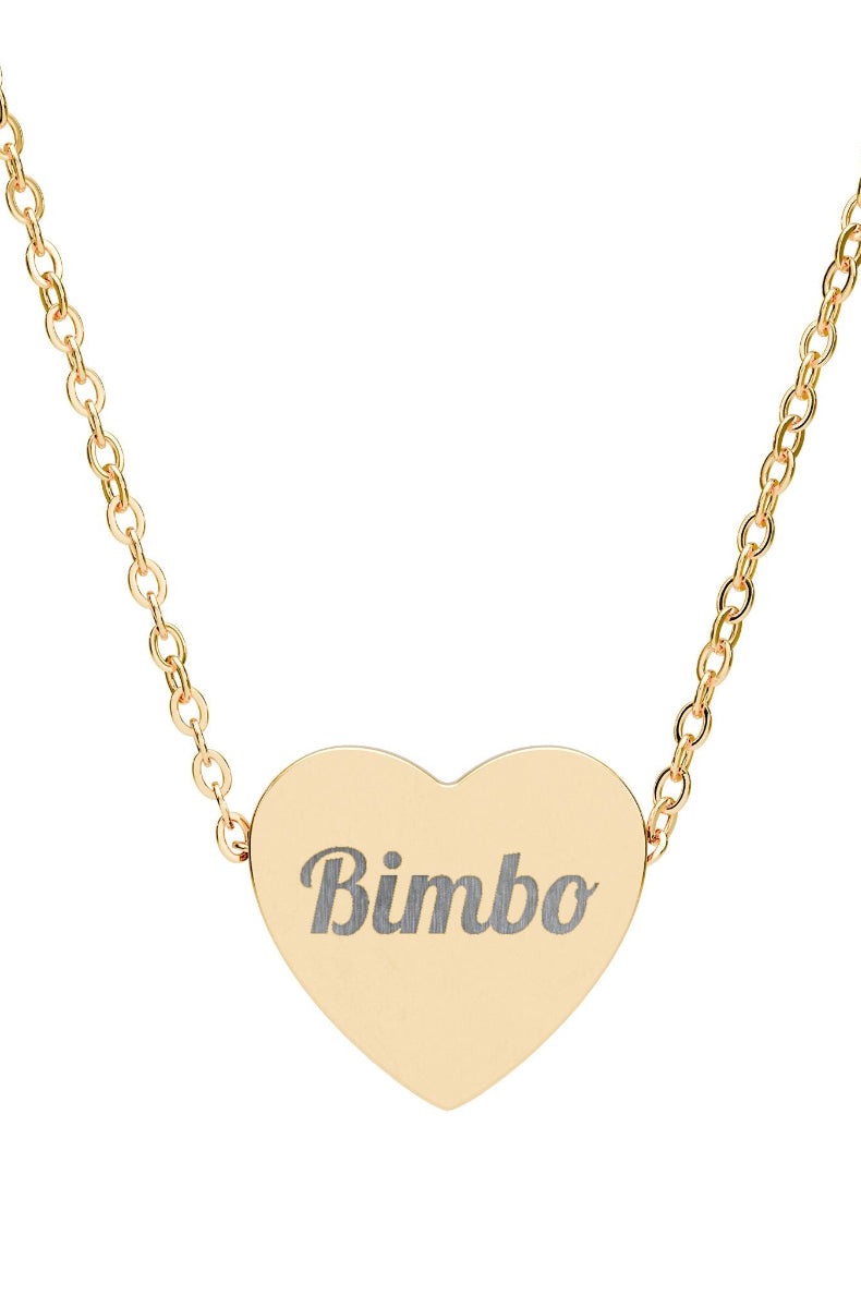 Gold heart-shaped necklace with 'Bimbo' engraving on a white background