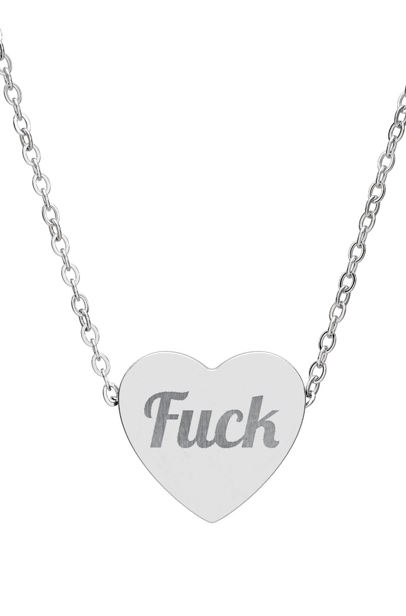 Heart-shaped pendant with the word 'Fuck' on a silver chain against a white background