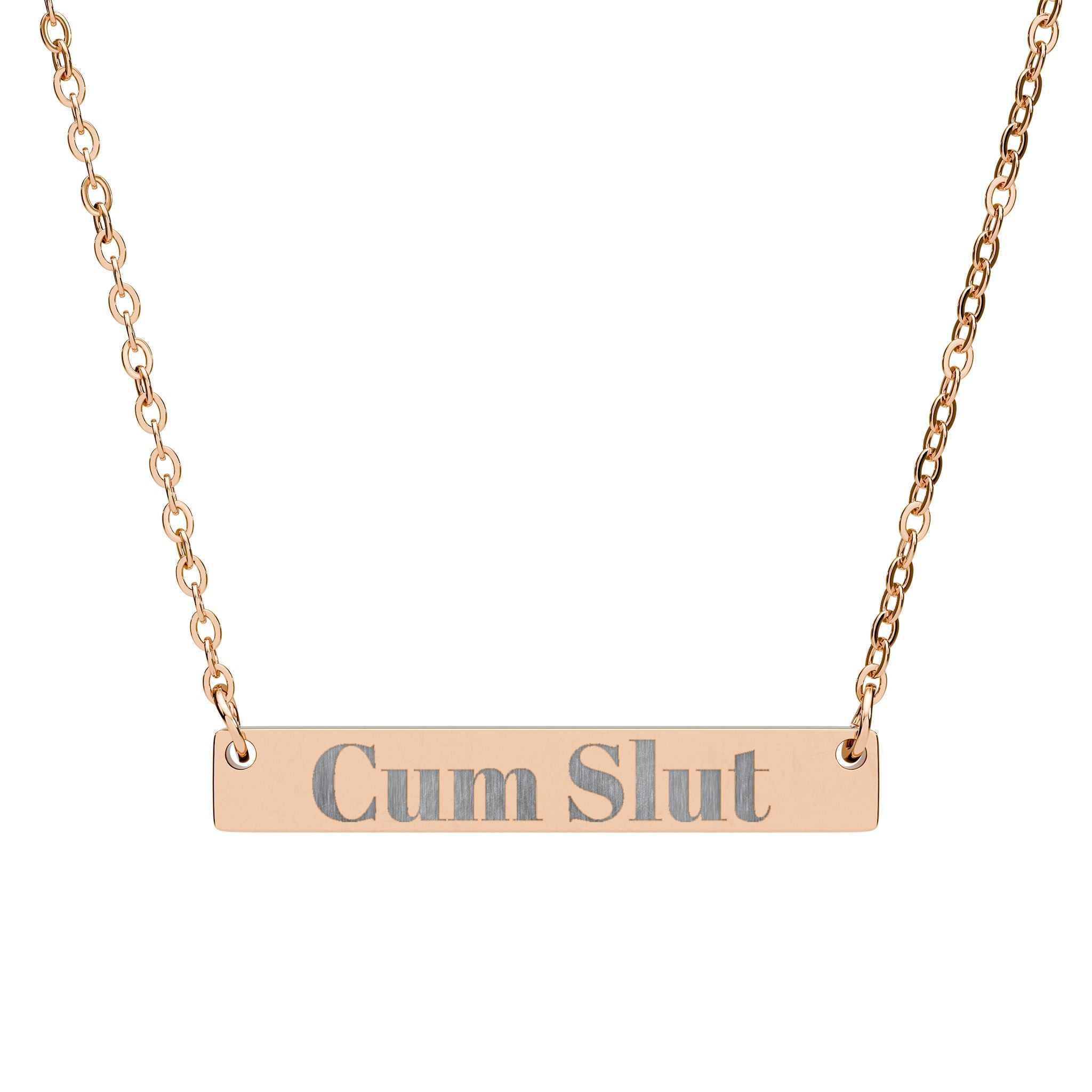 Rose gold necklace with 'Cum Slut' pendant on a white background