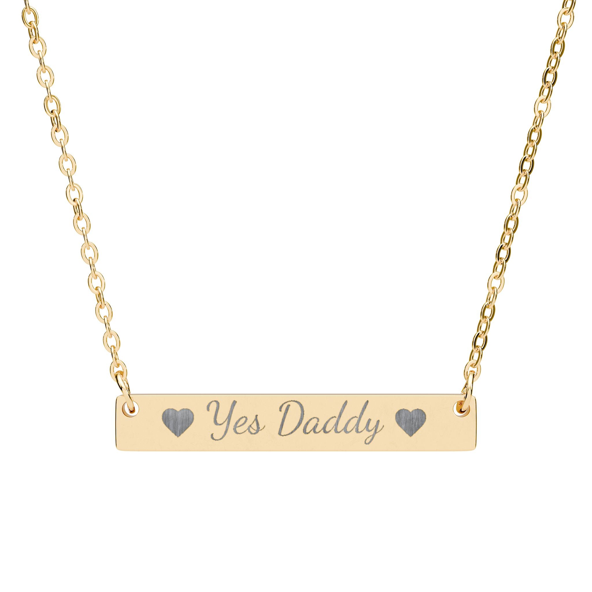 Gold necklace with 'Yes Daddy' bar pendant on a white background