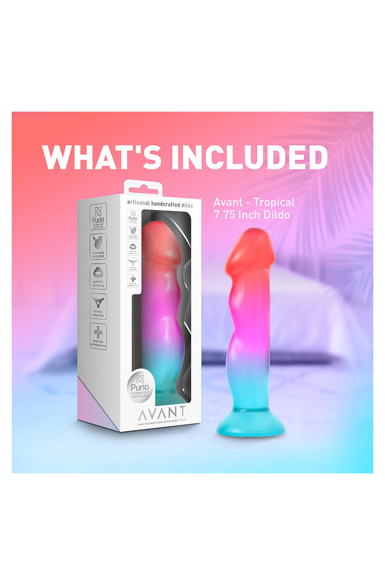 What's included: the coral, pink and aqua dildo and its retail box