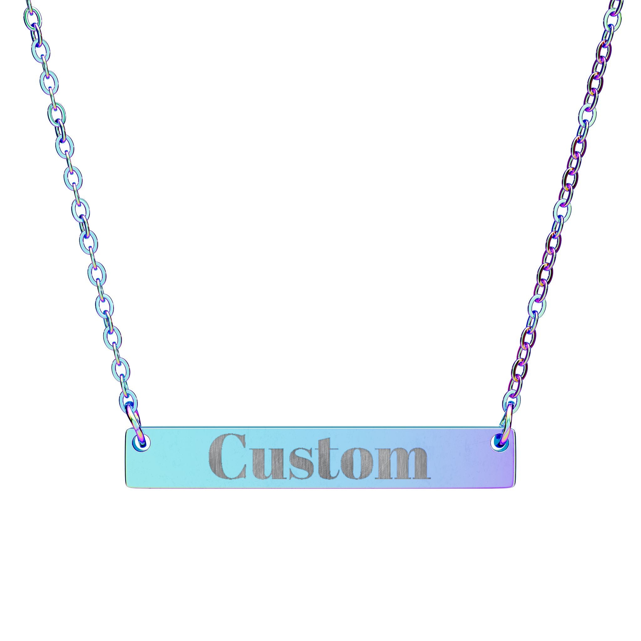 Necklace with a bar pendant labeled 'Custom' on a white background