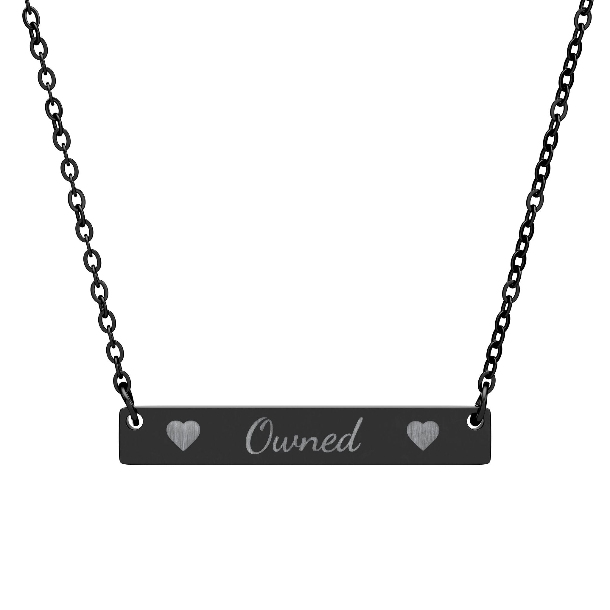 Black bar necklace with 'Owned' engraving on a white background