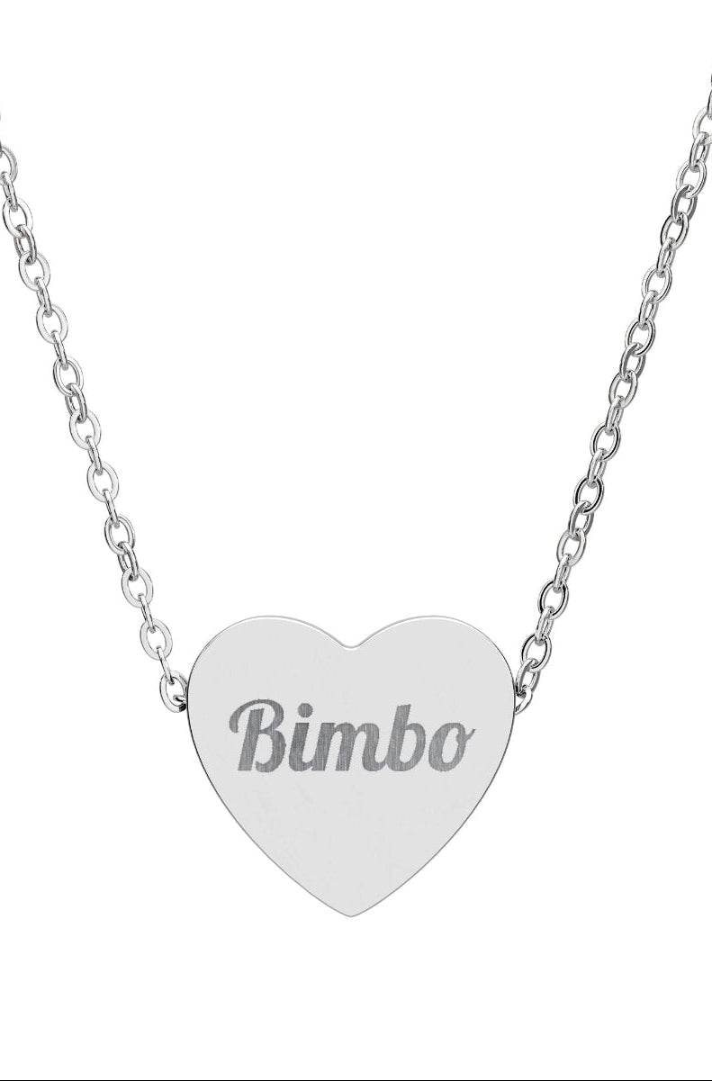 Heart-shaped pendant with 'Bimbo' engraving on a silver chain against a white background