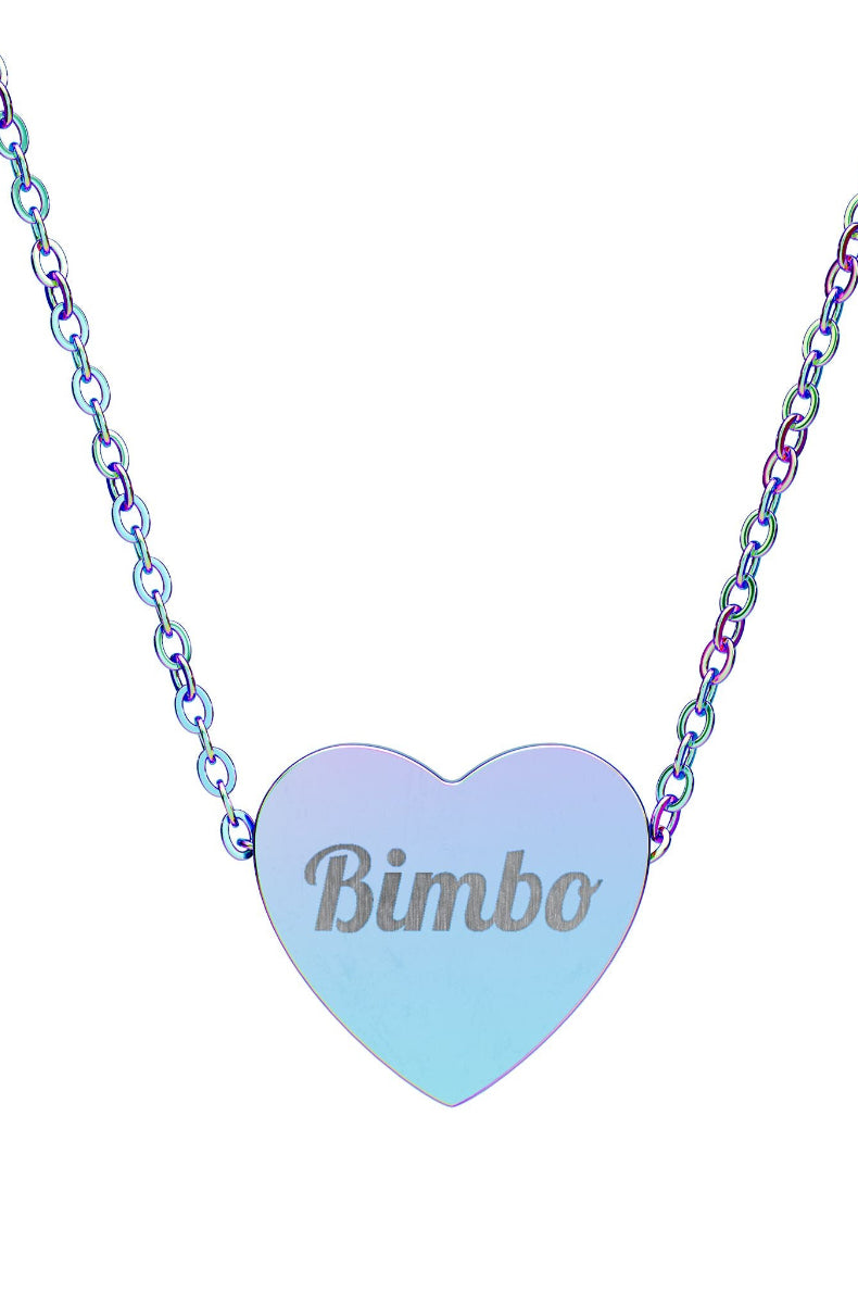 Heart-shaped necklace with 'Bimbo' engraving on a white background
