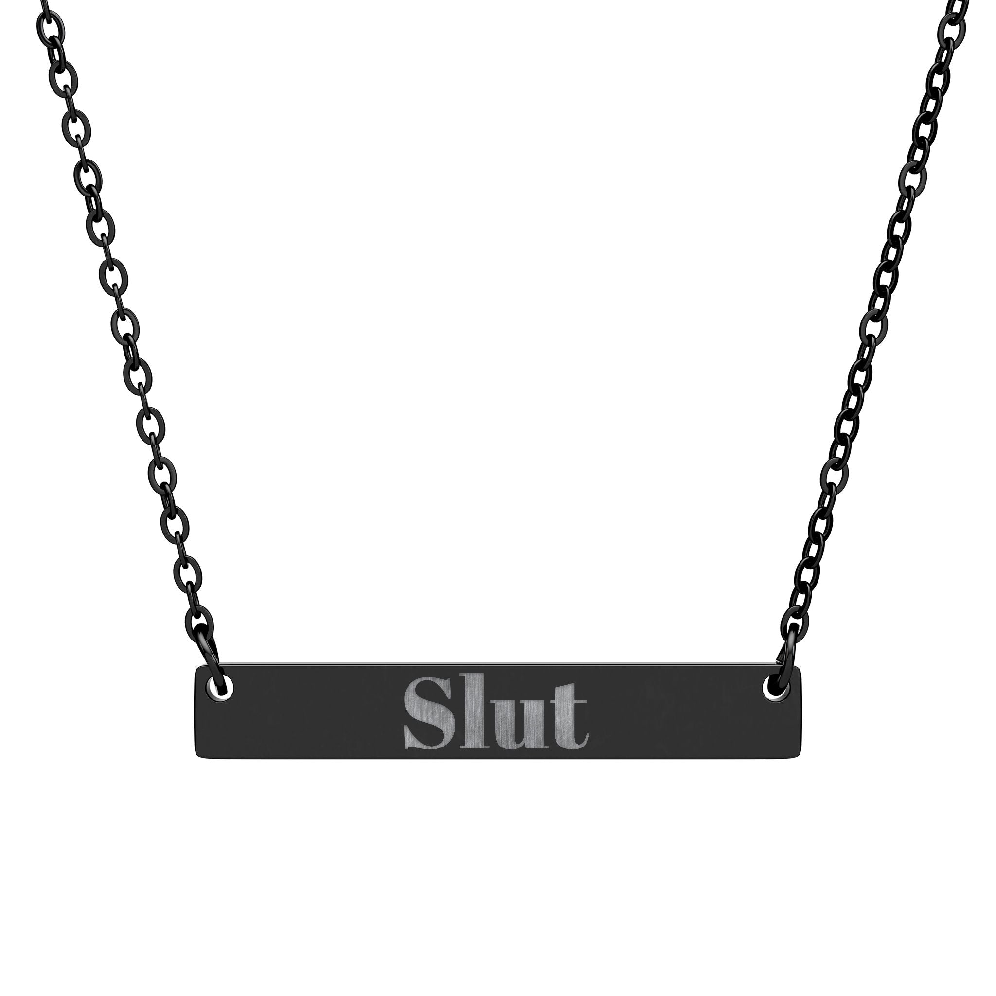 Black necklace with 'Slut' engraved on a white background