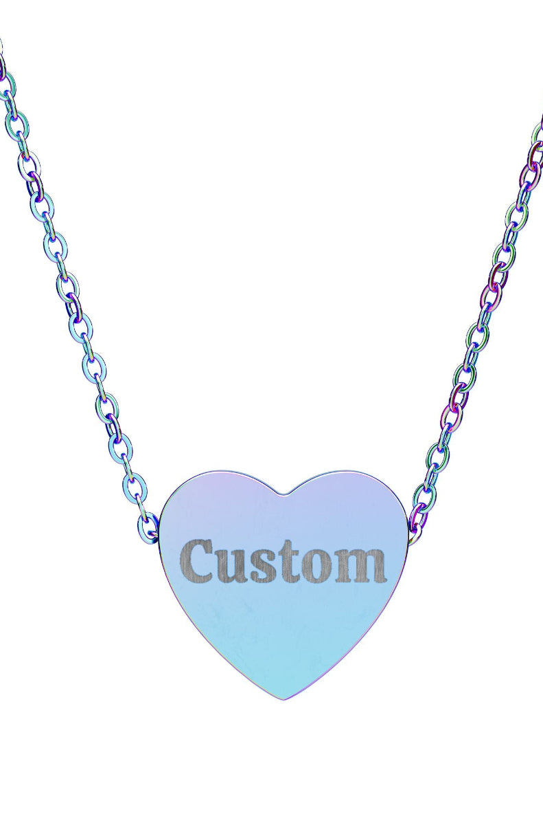 Heart-shaped pendant with 'Custom' engraving on a colorful chain against a white background