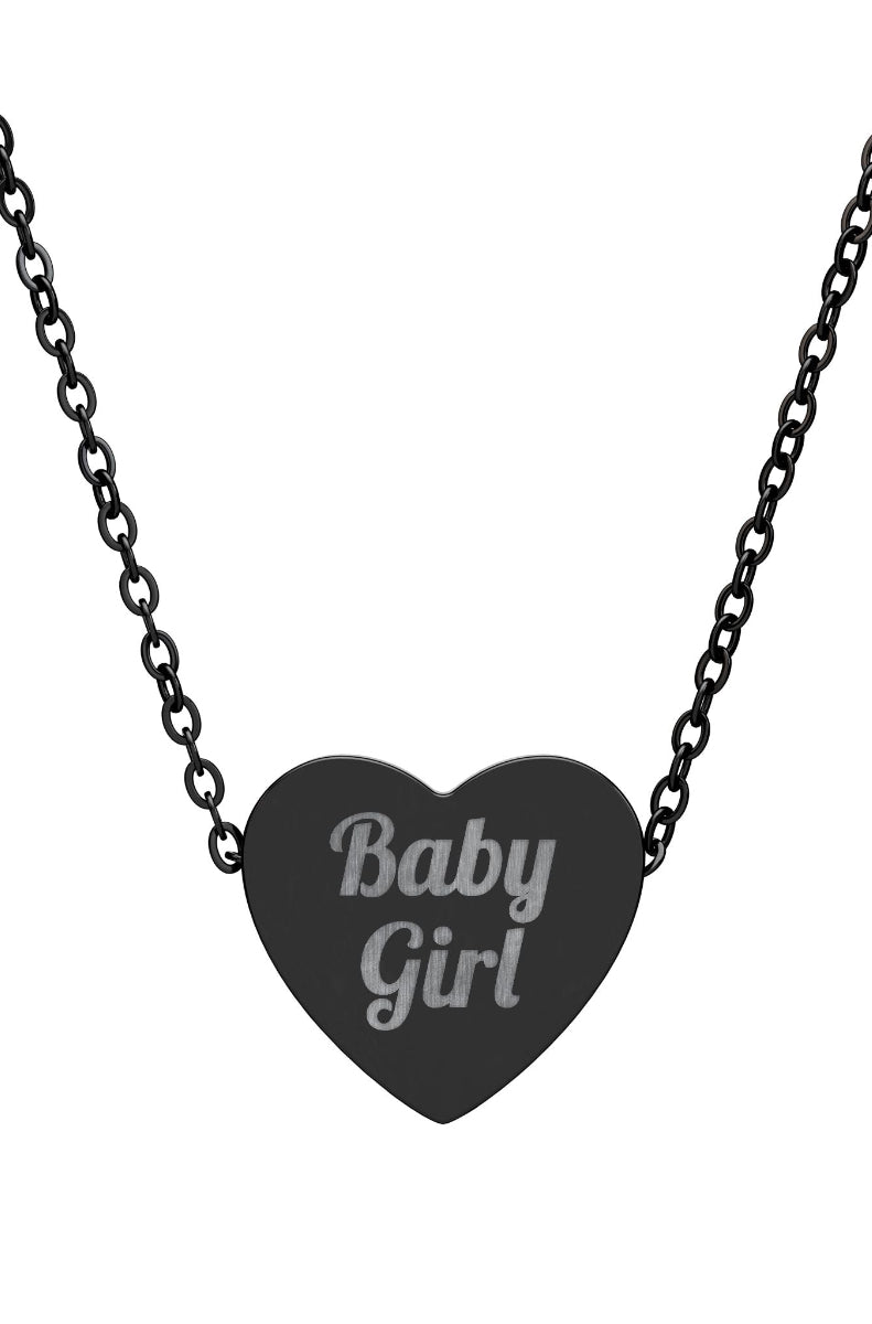 Heart-shaped necklace with 'Baby Girl' engraving on a white background