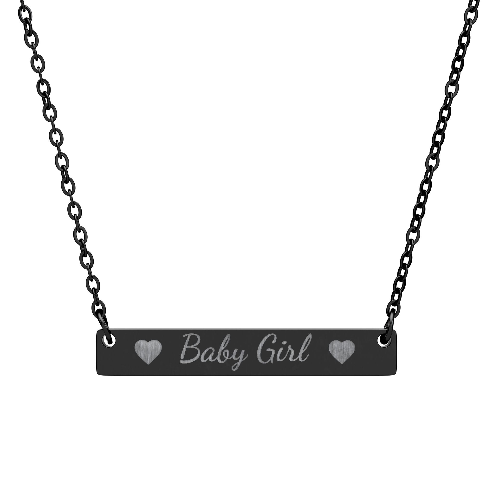 Black necklace with 'Baby Girl' engraving on a white background