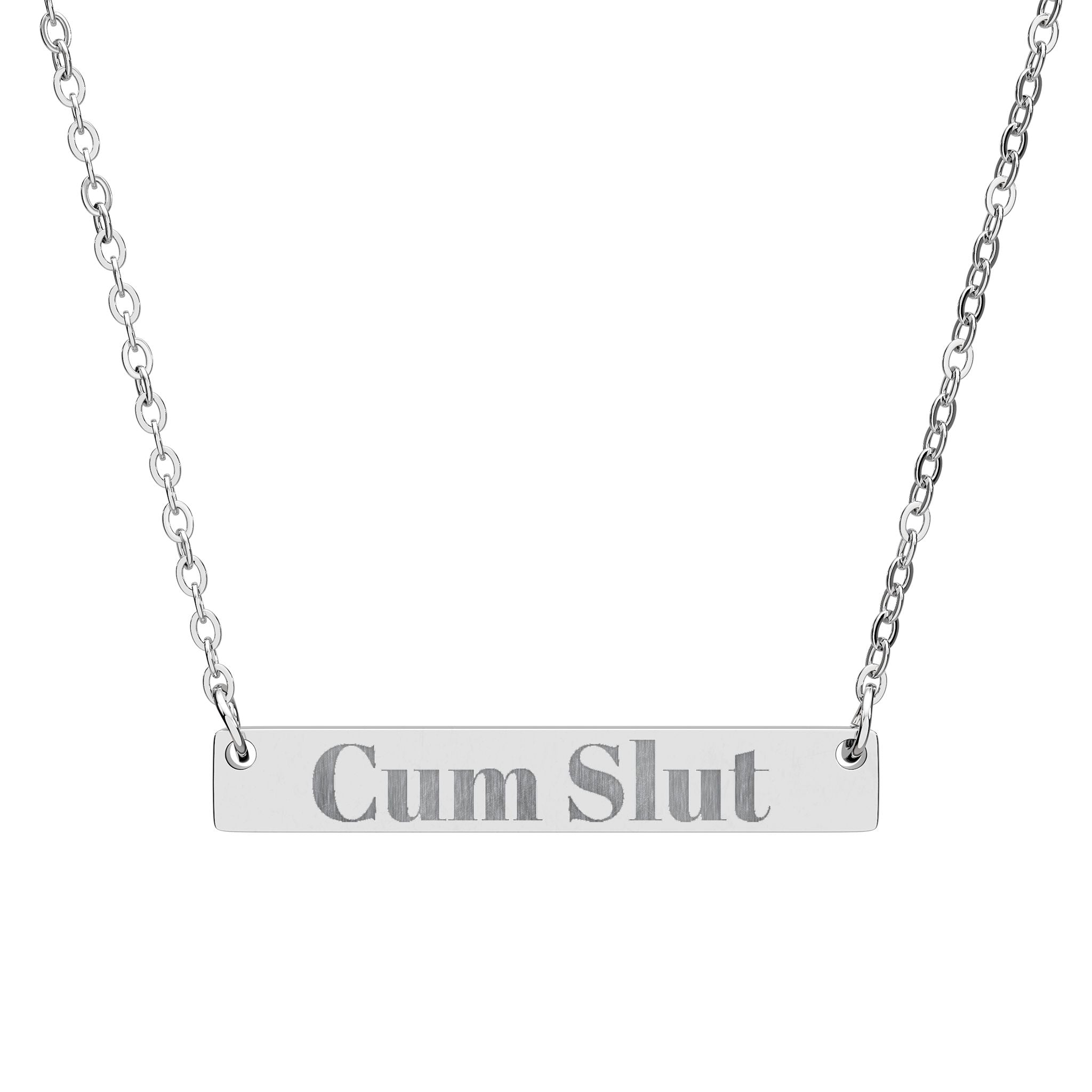 Silver necklace with 'Cum Slut' pendant on a white background