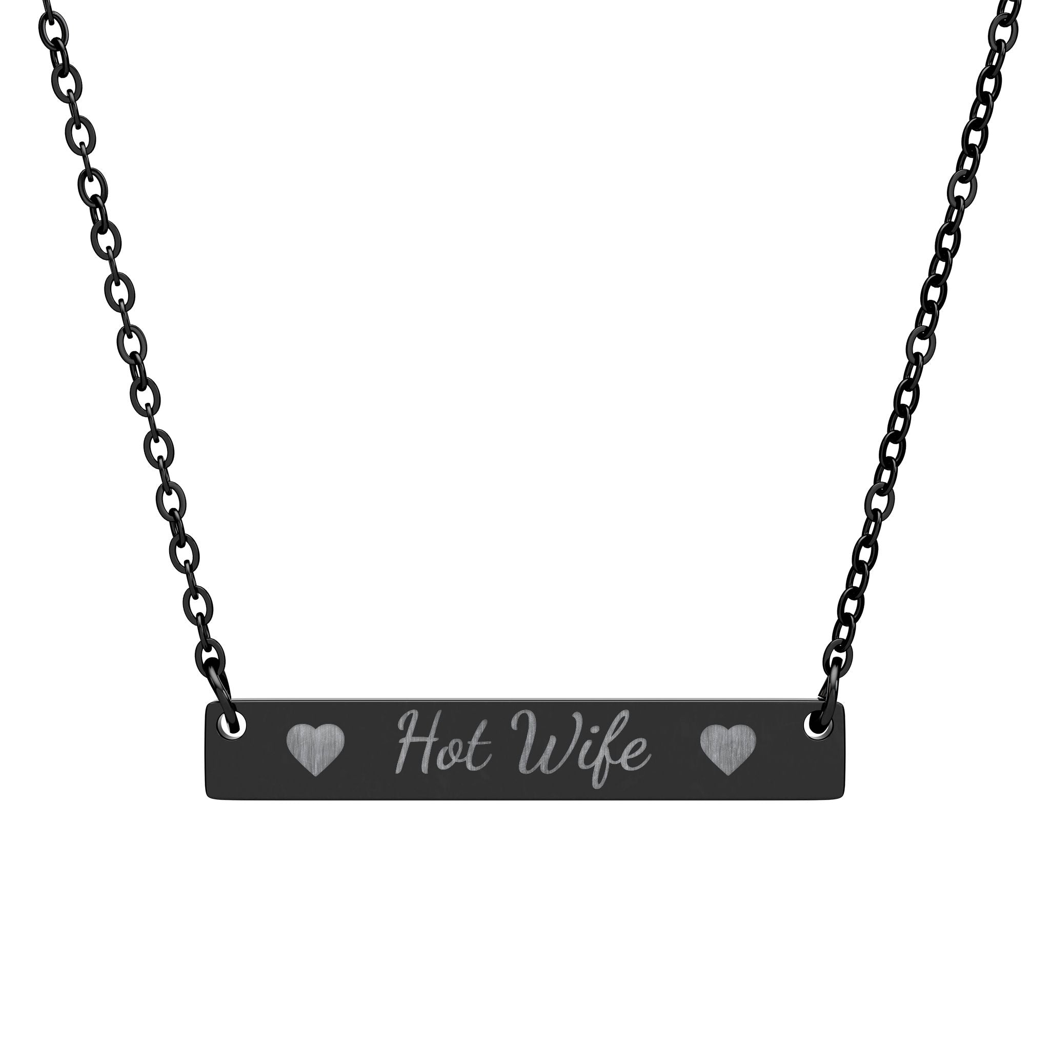 Black bar necklace with engraved text on a white background