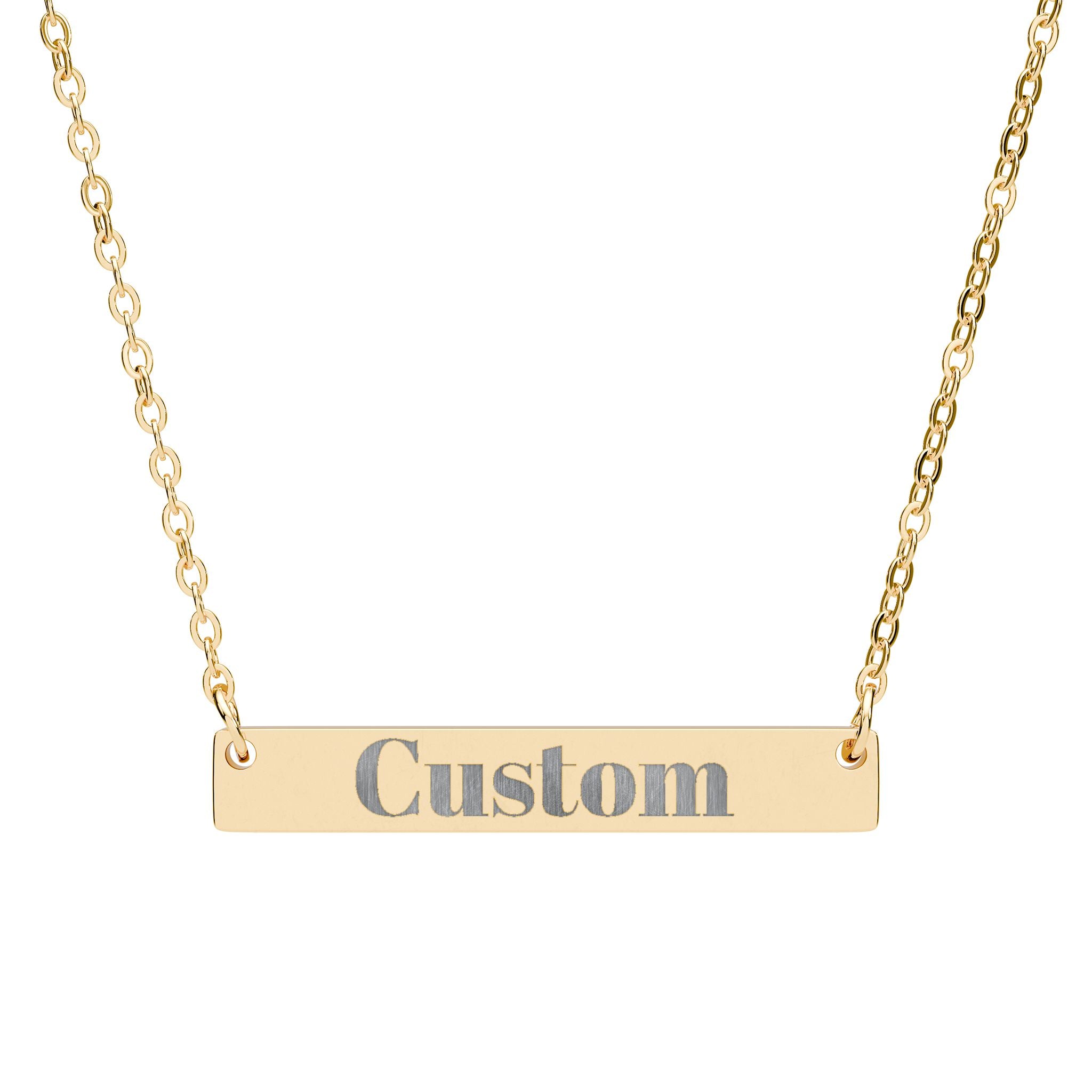 Gold necklace with a bar pendant inscribed 'Custom' on a white background