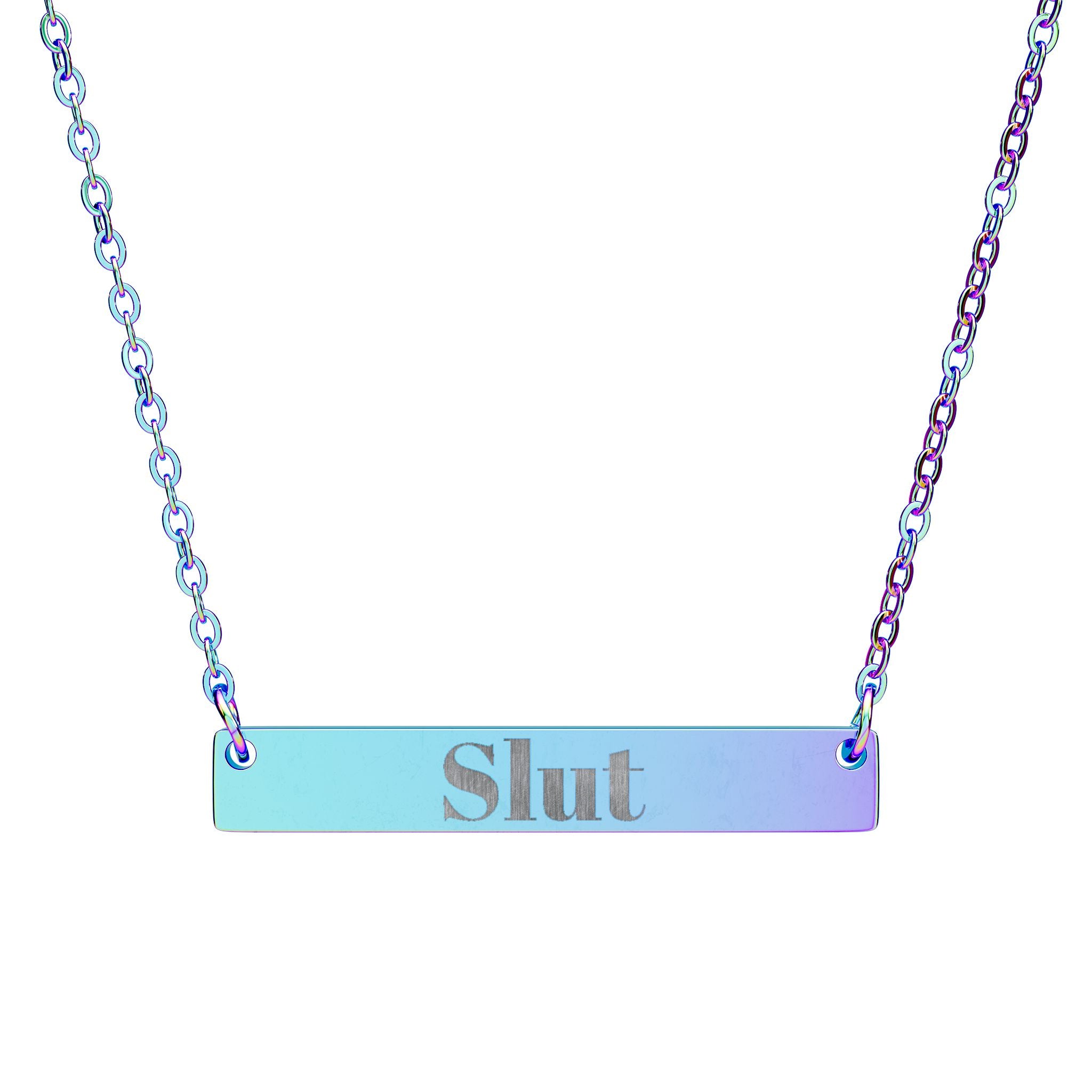 Necklace with a bar pendant displaying the word 'Slut' on a gradient blue and purple background.
