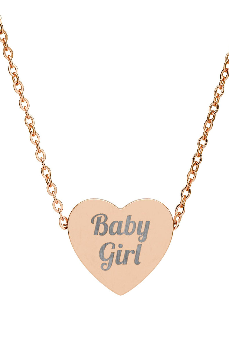 Rose gold necklace with a heart-shaped pendant engraved with 'Baby Girl' on a white background