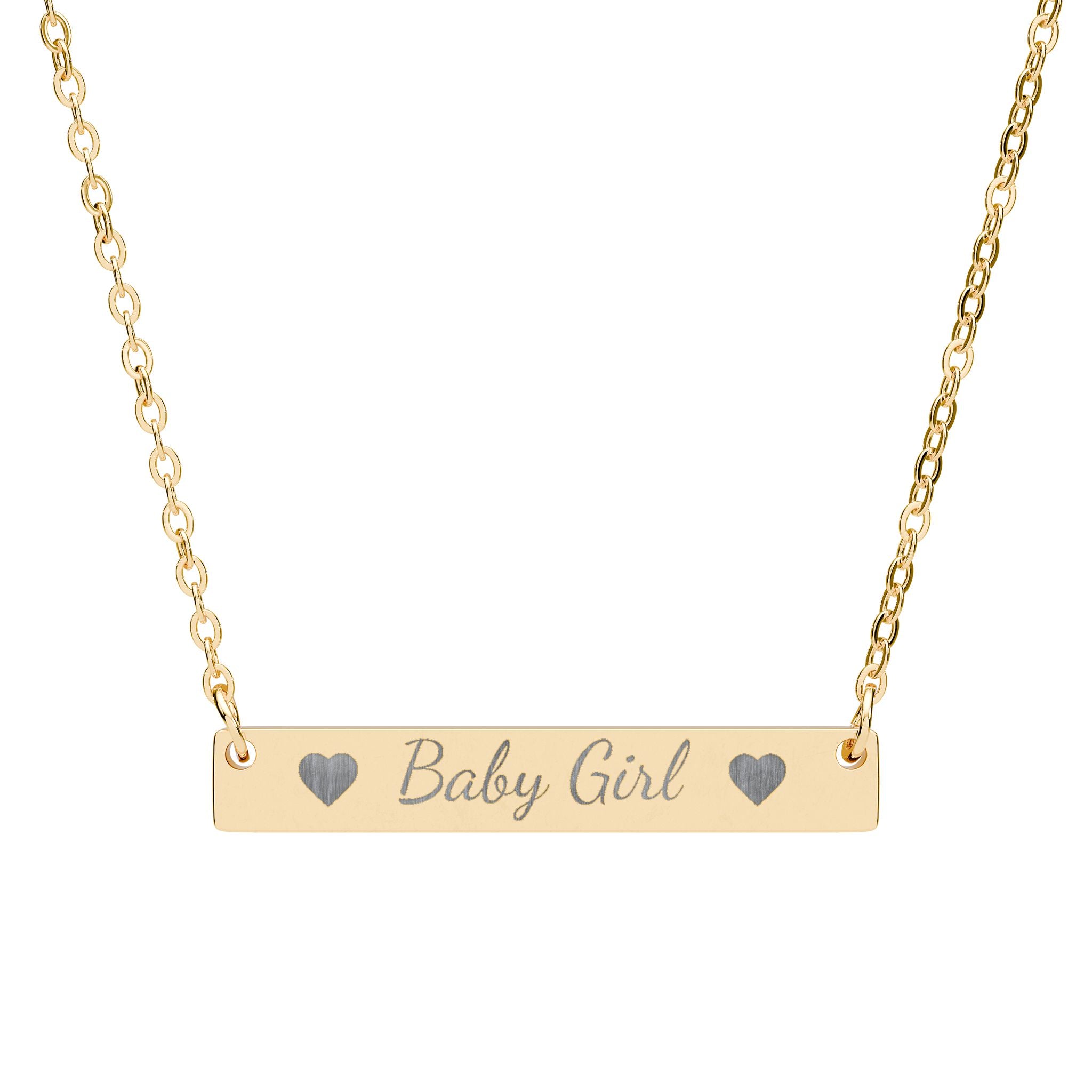 Gold necklace with 'Baby Girl' bar pendant on a white background